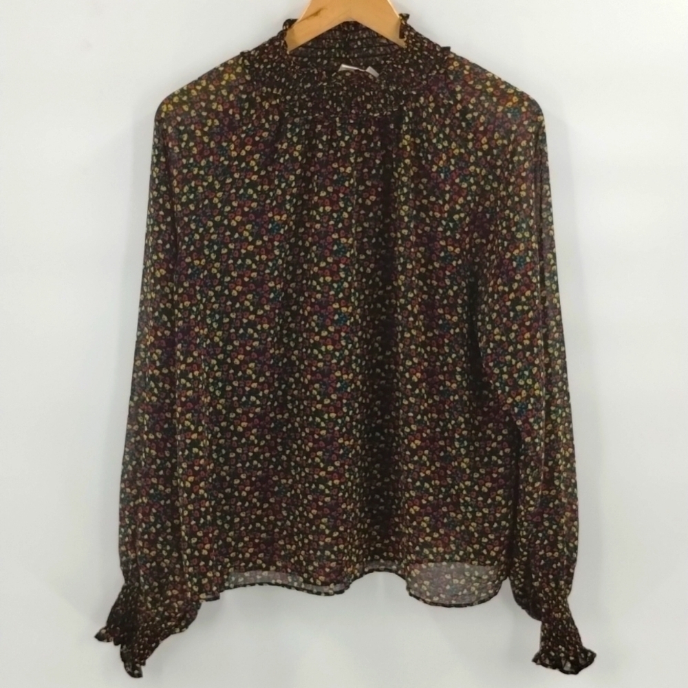 GAP Women's Blouse Large Sheer Floral Black Print Mock Stretch